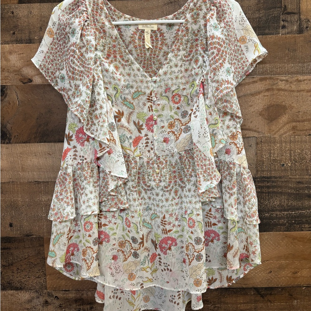 Matilda Jane Cream Floral Ruffle V-Neck Tunic with Pink & Green Accents